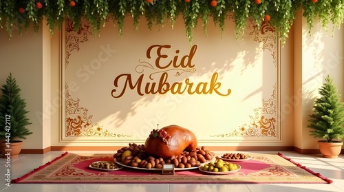 /imagine: A freshly painted wall with Eid Mubarak calligraphy and flower garlands hanging above a qurbani setup --ar 3:2 --v 4