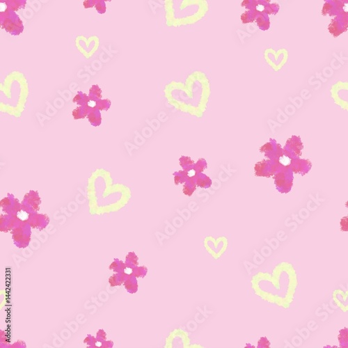 Pink flowers and hearts doodle painting pattern