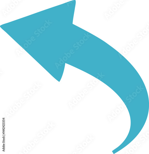 Curved cyan arrow icon pointing upward and left with smooth shape and clean vector style. Ideal for website elements, digital flowcharts, or direction indicators. Modern minimal graphic symbol.