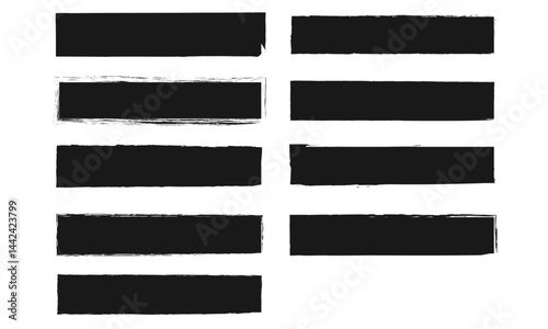 Set of black grunge brush stroke rectangles, hand-drawn banner elements, abstract grunge frames, isolated vector labels for scrapbooking, text highlight, and modern design.