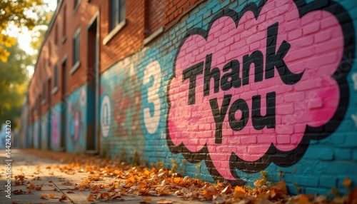 Graffiti Art on a Brick Wall Expressing Gratitude in Urban Setting with Fallen Leaves