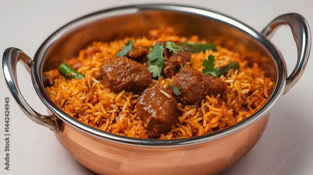 Delicious Spicy Lamb Meat Biryanis Rice Dish in Copper Bowl Delicious Spicy Lamb Meat Biryanis Rice Dish in Copper Bowl