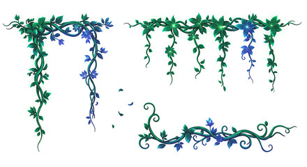 Floral Vines and Corner Designs  Elegant Green and Blue Flower Illustrations