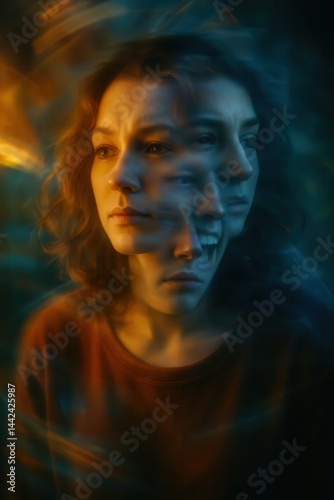 Abstract emotional portrait of a young woman showing multiple expressions, mental health concept