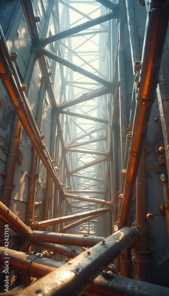Industrial Scaffolding Structure with Intricate Pipework and Bright Lighting at the Top, Showing Rust and Corrosion Industrial Scaffolding Structure with Intricate Pipework and Bright Lighting at the Top, Showing Rust and Corrosion