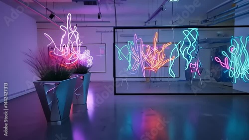 Vibrant neon art installations illuminate a modern gallery space with reflections on polished floors