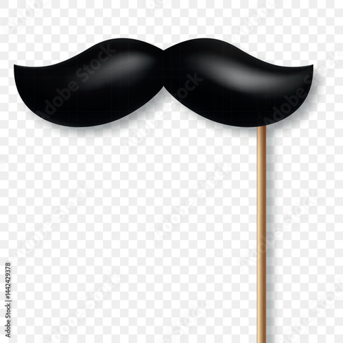 Vector 3d Realistic Black Mustache Prop on Stick. Simple Mustache for Party, Photo Booth, Masquerade, Costume, Funny Carnival, Cosplay, Hipster Style. Retro Gentlemen Look, Celebration and Fun