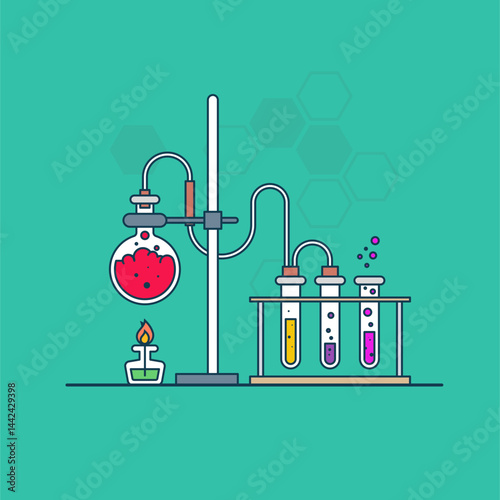 flat design concept and vector illustration of a chemistry lab with chemical reactions going on