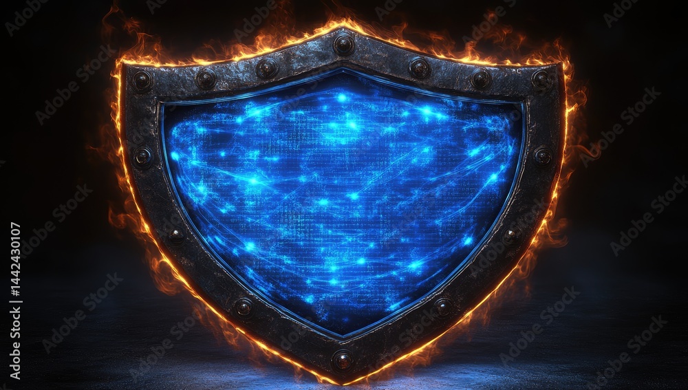 Fototapeta premium Fiery, metallic shield with glowing blue energy.