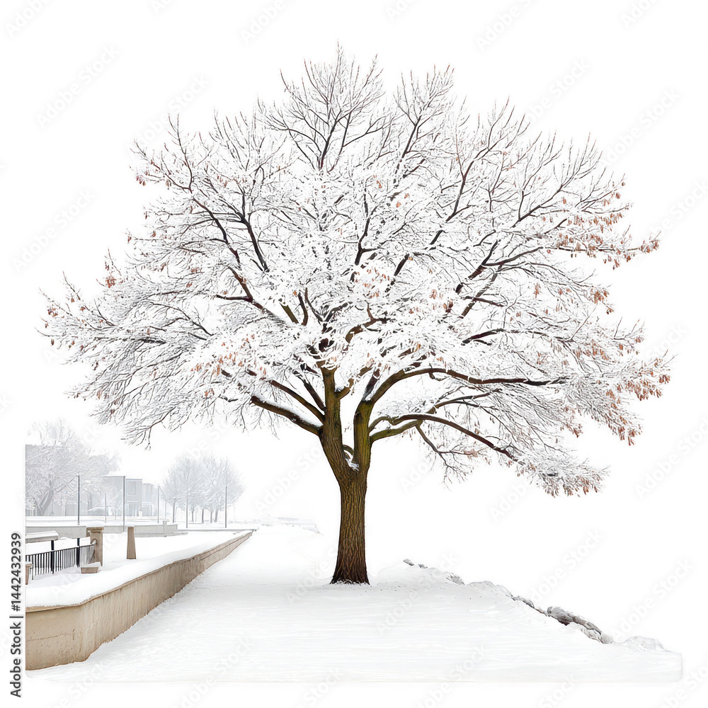 Fototapeta premium A beautiful tree covered in snow stands alone against a bright white sky.