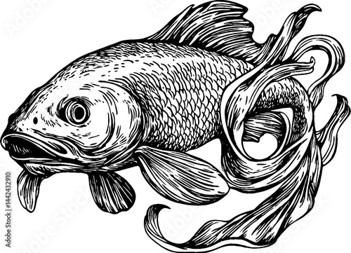 Intricate Black and White Goldfish Illustration