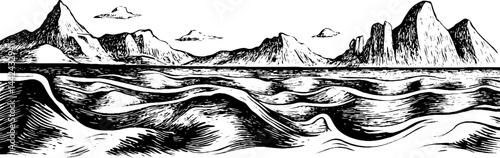 Dramatic Black and White Mountain and Wave Landscape