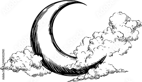 Crescent Moon with Clouds Illustration