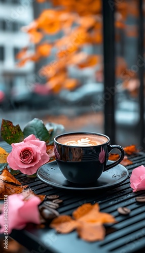 Autumnal coffee cup with pink roses and leaves