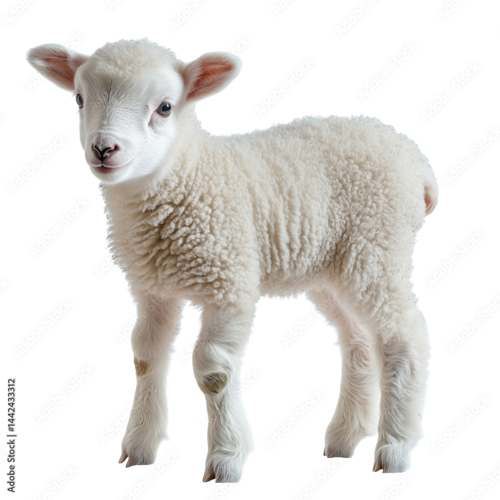 Fototapeta premium Cute white lamb , side view, isolated on transparent background, no shadow, baby farm animal cut out 