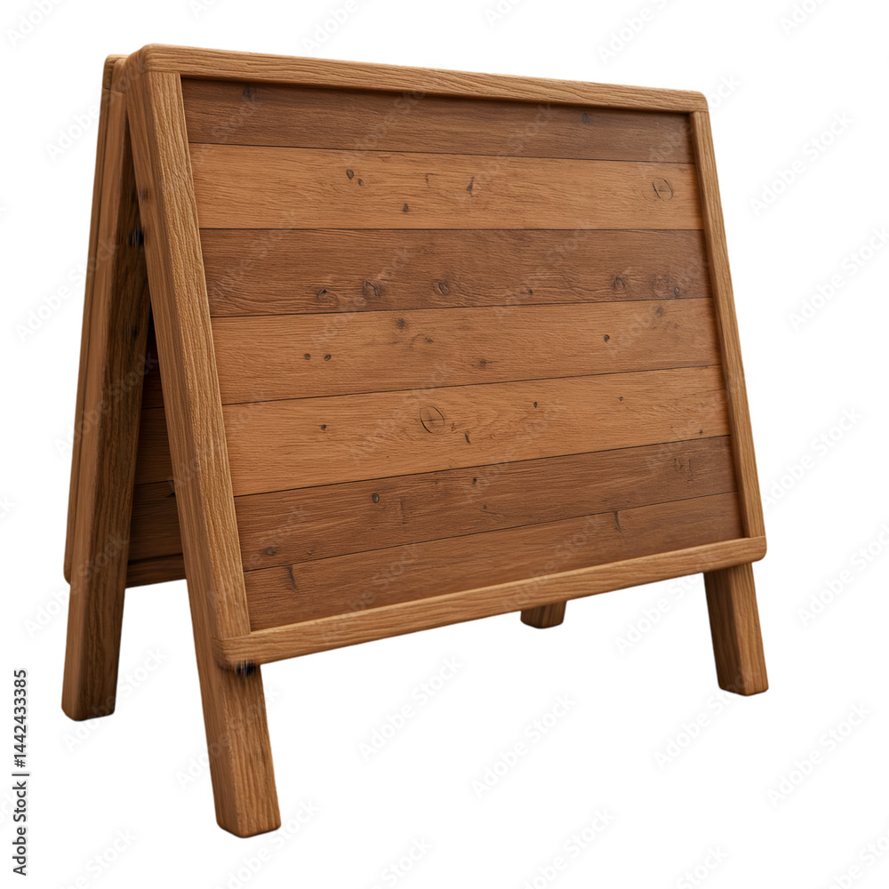 3D Render of a Wooden A-Frame Sign on Transparent Background, Ideal for Mockups and Designs. 3D Render of a Wooden A-Frame Sign on Transparent Background, Ideal for Mockups and Designs.