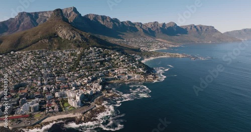 Spectacular aerial view of the popular tourist destination Cape Town. Table Mountain,Lion's Head mountain, The 12 Apostles mountain range, Seapoint, Camps Bay, Cape Town, South Africa
