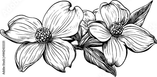 A detailed black and white illustration of two dogwood flowers with leaves, showcasing intricate line work and shading.