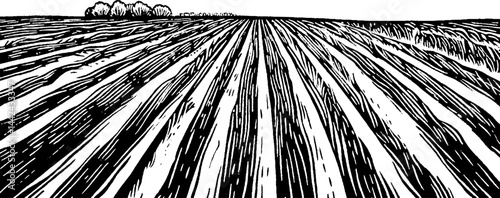 A stylized black and white illustration of a plowed field, showcasing parallel furrows and a distant tree line on the horizon.