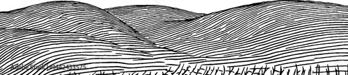 A stylized black and white illustration of rolling hills with wavy lines, depicting a serene landscape. The hills are layered with horizontal lines, creating a sense of depth and texture.