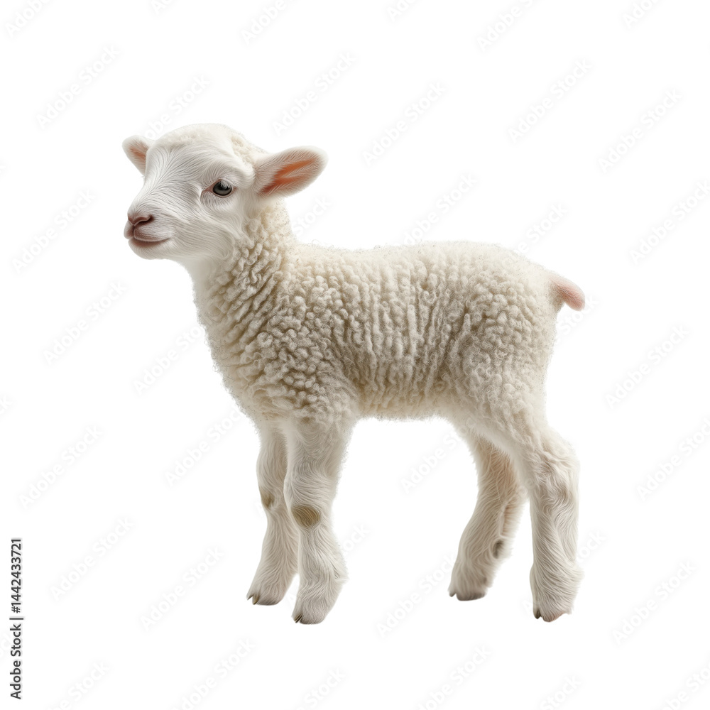 Fototapeta premium Cute white lamb , side view, isolated on transparent background, no shadow, baby farm animal cut out 