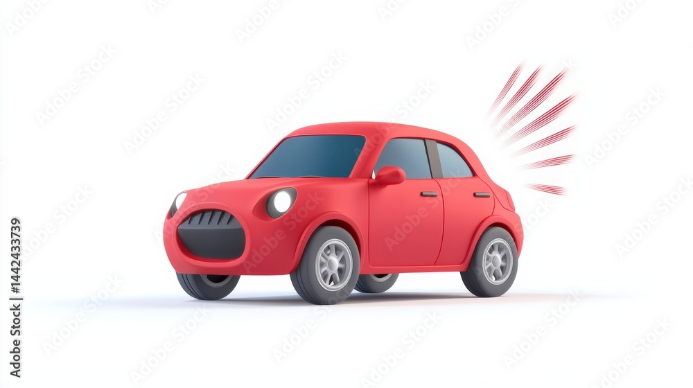 Fototapeta premium Cartoon Red Car Illustration with Playful Horn Against a White Background