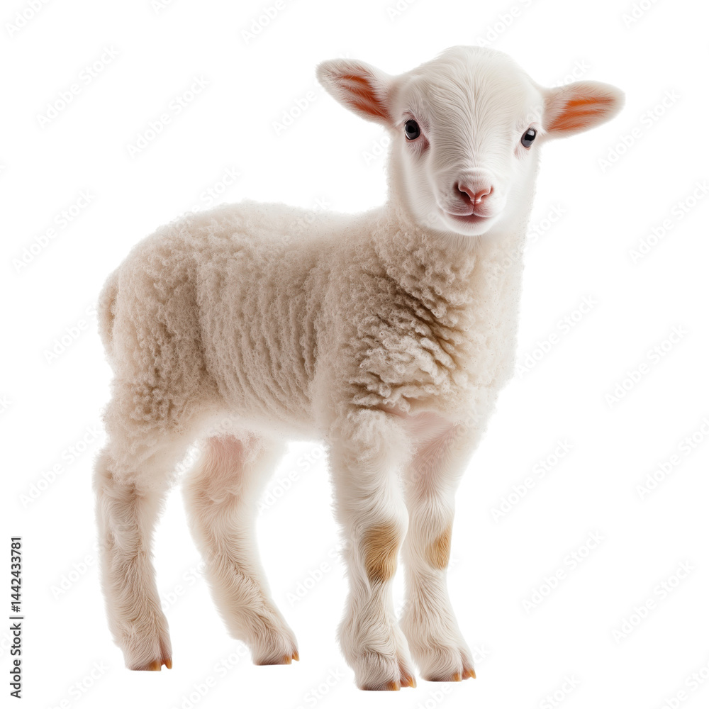 Fototapeta premium Cute white lamb , side view, isolated on transparent background, no shadow, baby farm animal cut out 