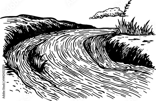 A hand-drawn illustration of a winding river flowing through a landscape, with hills in the background and a cloud above. The scene captures a serene and natural environment.