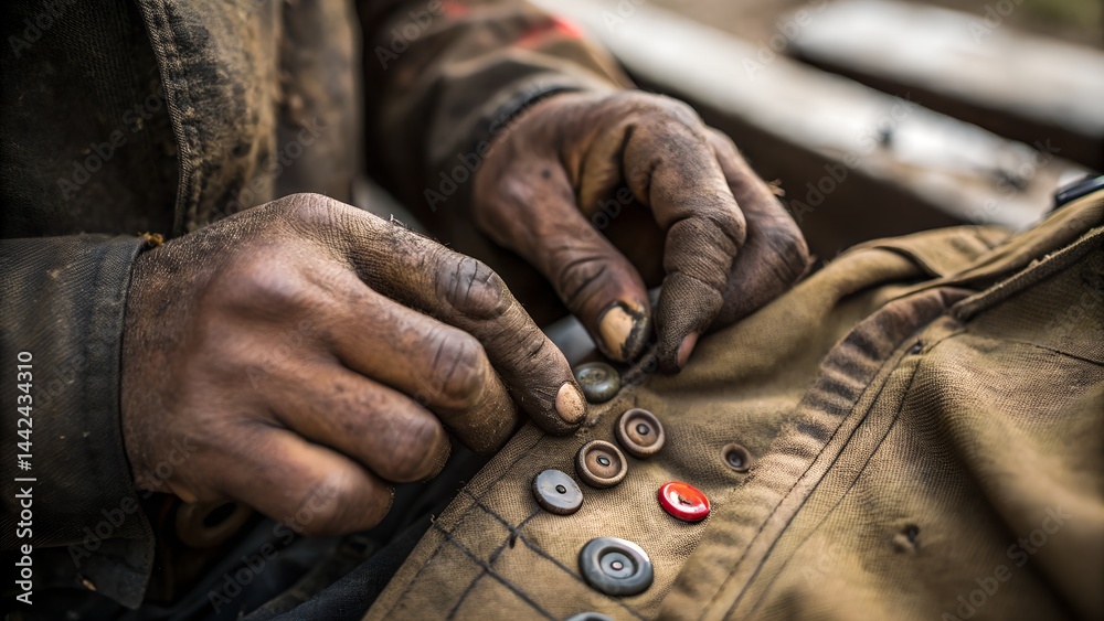 Close-up of worker's dirty hand buttoning dark workwear in sunlight
Close-up of worker's dirty hand buttoning dark workwear in sunlight