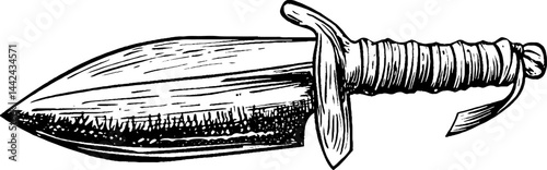 An illustration of a dagger with a pointed blade and a wrapped handle. The design features a simple cross-guard and a sharp edge, emphasizing its functionality as a weapon.