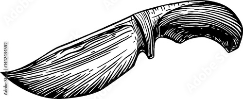 An intricately designed vintage knife with a curved blade and a wooden handle, showcasing detailed engravings and textures.