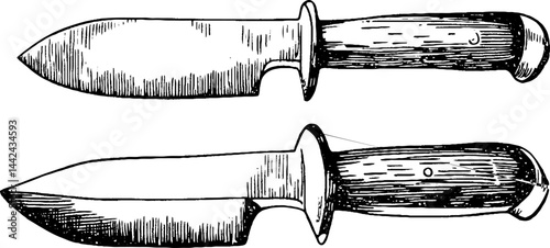 A vintage illustration of two knives, showcasing their blades and handles. The top knife has a wider blade, while the bottom knife features a more tapered design. Both have wooden handles.