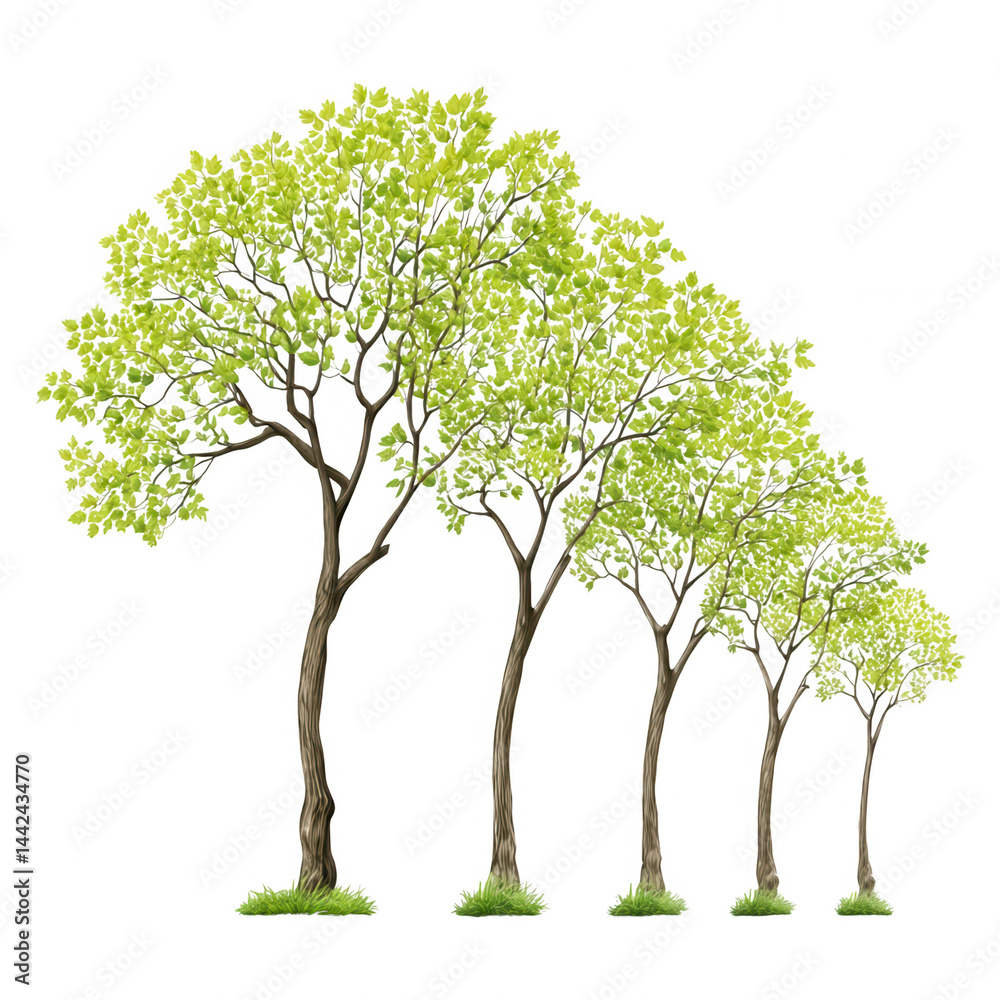 Obraz premium Isolated row of trees with vibrant green leaves arranged by size on white.