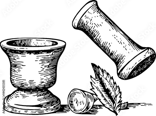Vintage Mortar and Pestle with Leaves