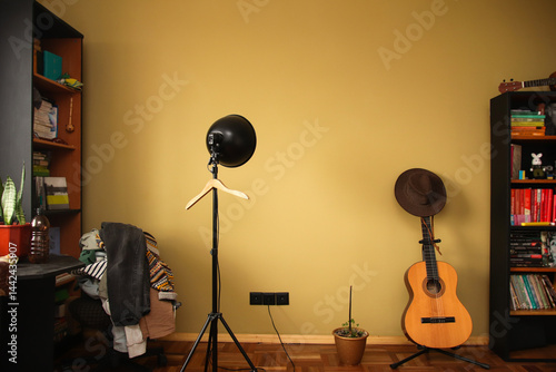 Artistic interior room with books, guitar, and lamp in cozy cluttercore style, featuring olive-colored walls and a softly blurred background for a warm, creative atmosphere