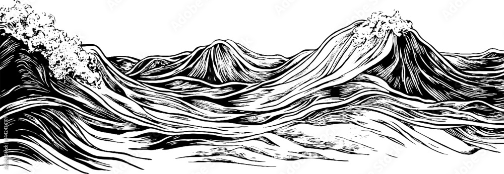 Fototapeta premium Stylized Black and White Ocean Waves Illustration