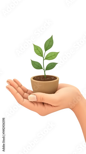3D illustration of a hand holding a small potted plant, symbolizing growth, care, and sustainability, isolated on transparent background