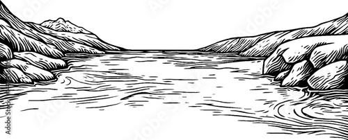 Hand-Drawn River Landscape Illustration