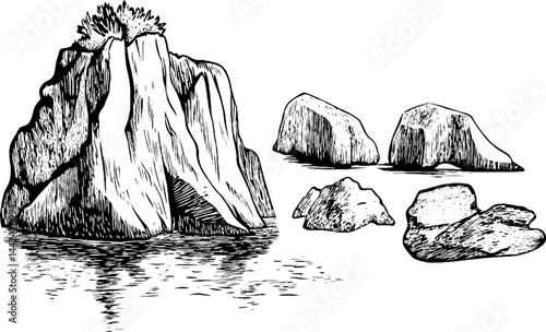 Illustration of Rocks and Boulders by Water