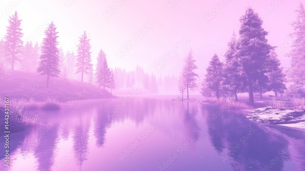 Fototapeta premium A serene landscape with trees and a calm lake in the morning