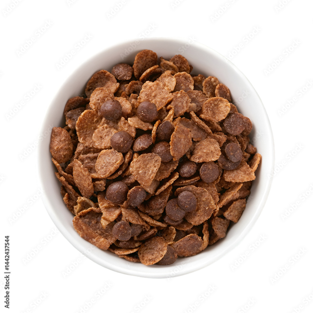 Chocolate corn flakes in white bowl isolated on transparent background