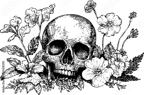 Skull Surrounded by Flowers Illustration