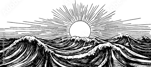 Stylized Ocean Waves with Rising Sun