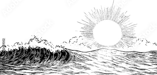 Artistic Ocean Waves with Radiant Sun