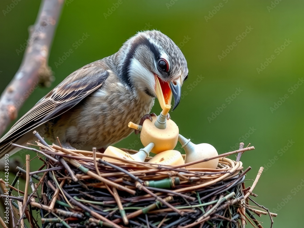 A bird is eating from a nest with a lot of food. The bird is eating a lot of food and seems to be enjoying it