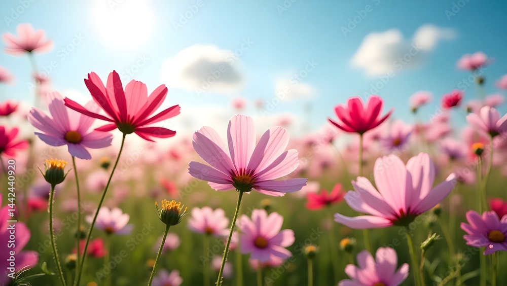 Field of Cosmos Flowers Blowing in the Breeze with Vivid Pink and White Hues Field of Cosmos Flowers Blowing in the Breeze with Vivid Pink and White Hues