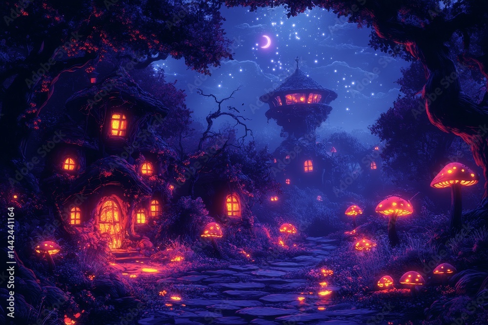 Obraz premium Enchanting night forest village, glowing houses, fantasy setting, magical background, fairytale illustration