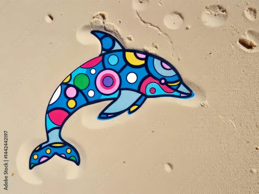 A colorful dolphin is sitting on the sand. The dolphin is surrounded by a blue and green background