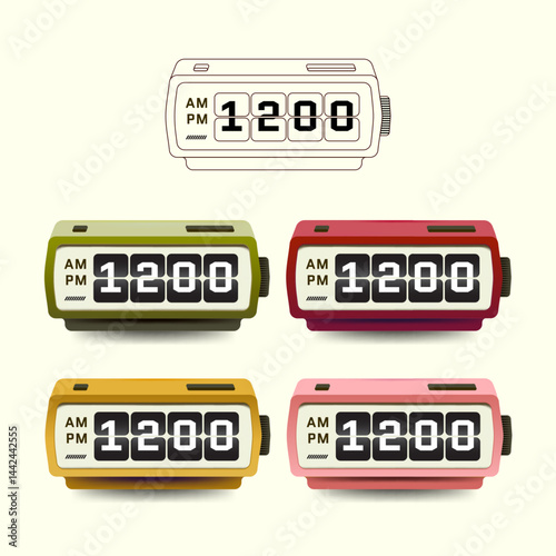 Retro flip digital clock illustrations with AM and PM display. Vector illustration.