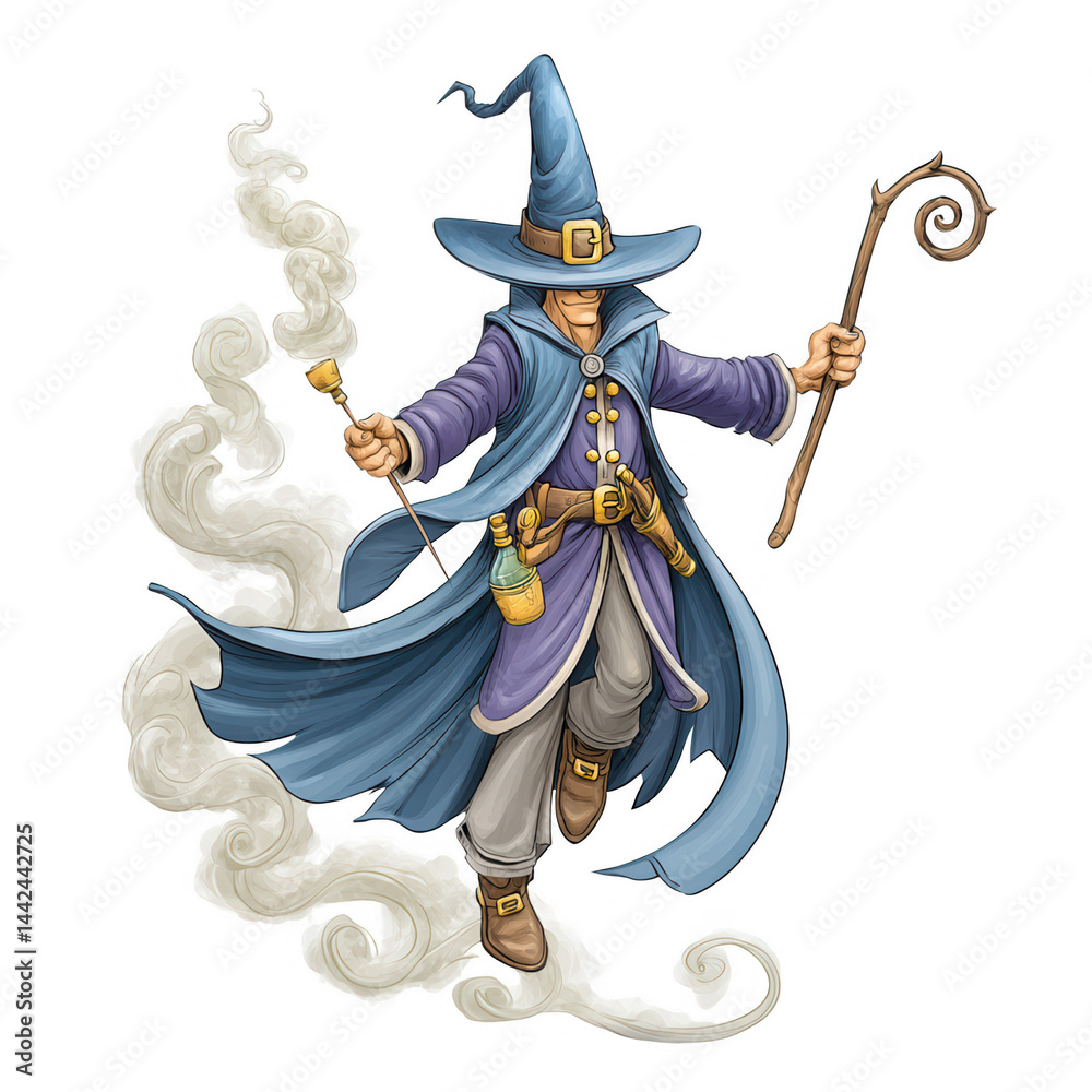 Obraz premium A whical wizard casts a spell with his wand, creating smoke and mystery.